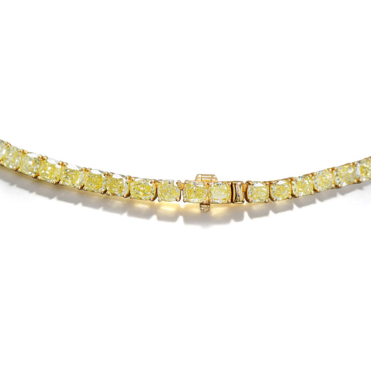 Natural Fancy Yellow Diamond Tennis Necklace, 18K Yellow Gold, Cushion Shape, 55.63 Ct. TW