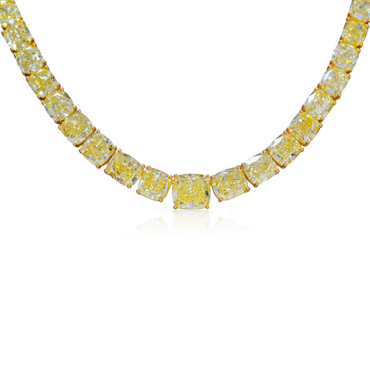 Natural Fancy Yellow Diamond Tennis Necklace, 18K Yellow Gold, Cushion Shape, 55.63 Ct. TW
