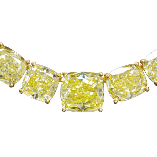 Natural Fancy Yellow Diamond Tennis Necklace, 18K Yellow Gold, Cushion Shape, 55.63 Ct. TW