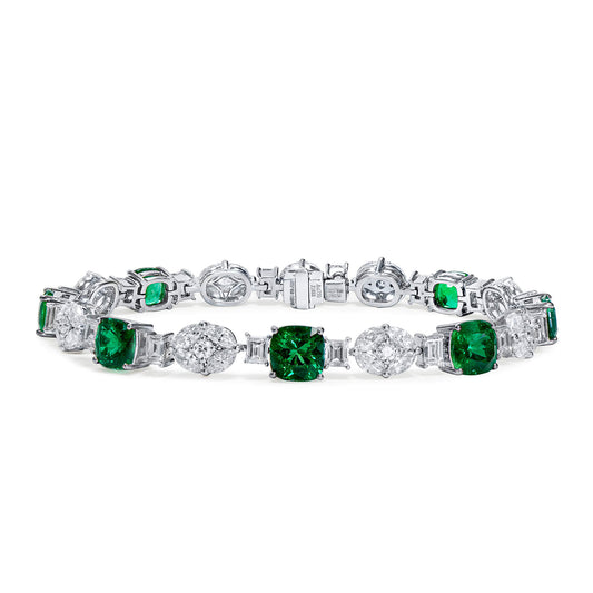 Natural Green Colombian Emerald & White Diamond Bracelet, 18K White Gold, 15.11 Ct. TW