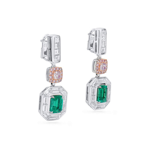 Natural Green Colombian Emerald Drop Earrings, 18K White Gold, Emerald Shape, 5.04 Ct. TW