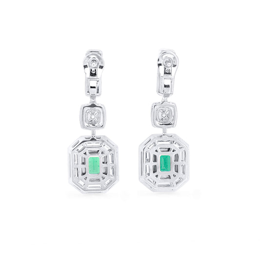 Natural Green Colombian Emerald Drop Earrings, 18K White Gold, Emerald Shape, 5.04 Ct. TW