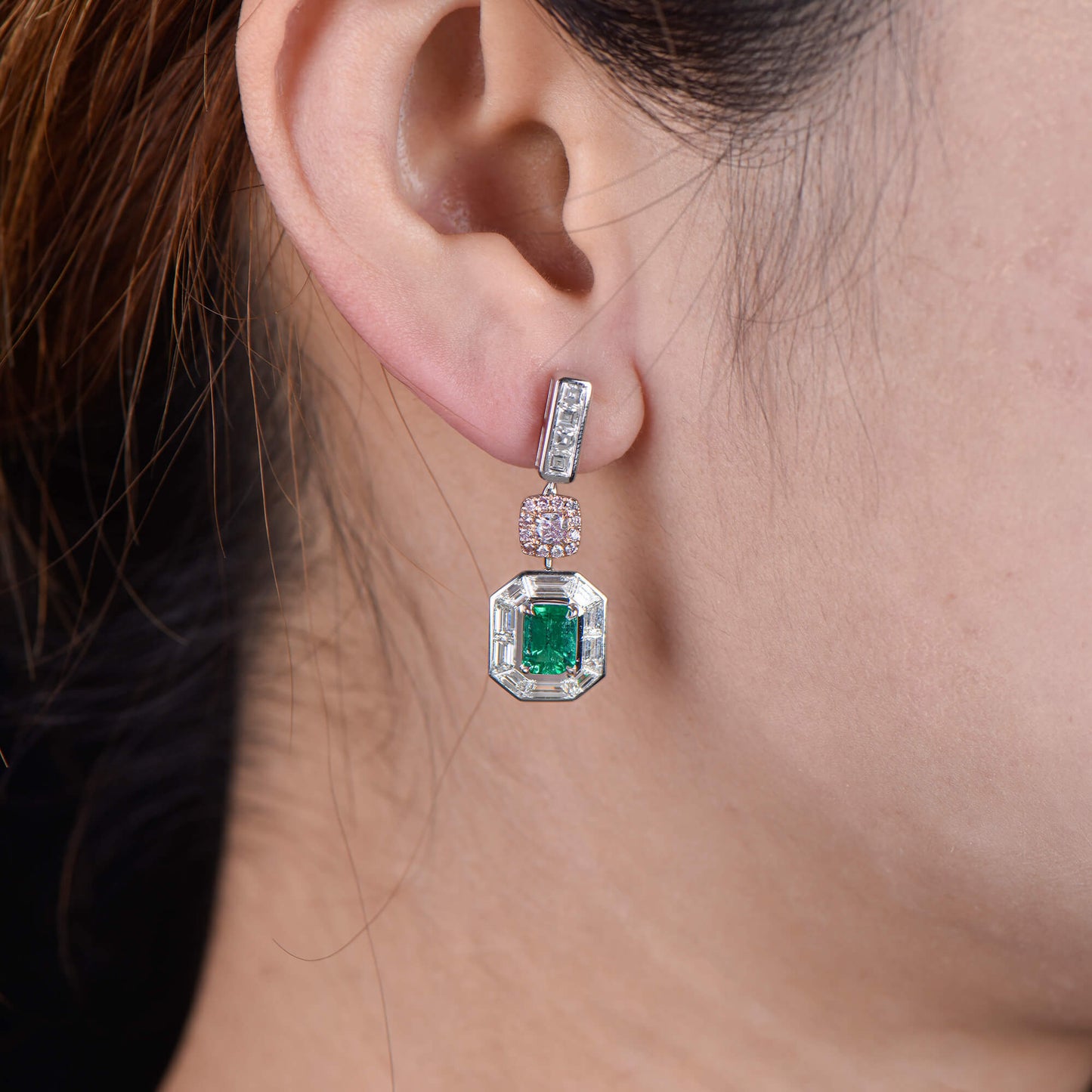 Natural Green Colombian Emerald Drop Earrings, 18K White Gold, Emerald Shape, 5.04 Ct. TW