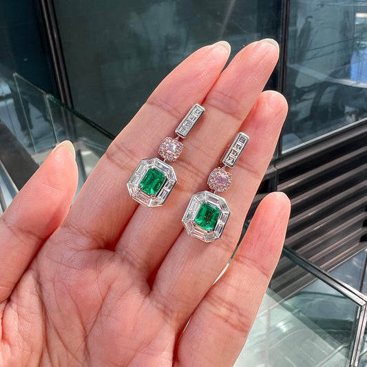 Natural Green Colombian Emerald Drop Earrings, 18K White Gold, Emerald Shape, 5.04 Ct. TW