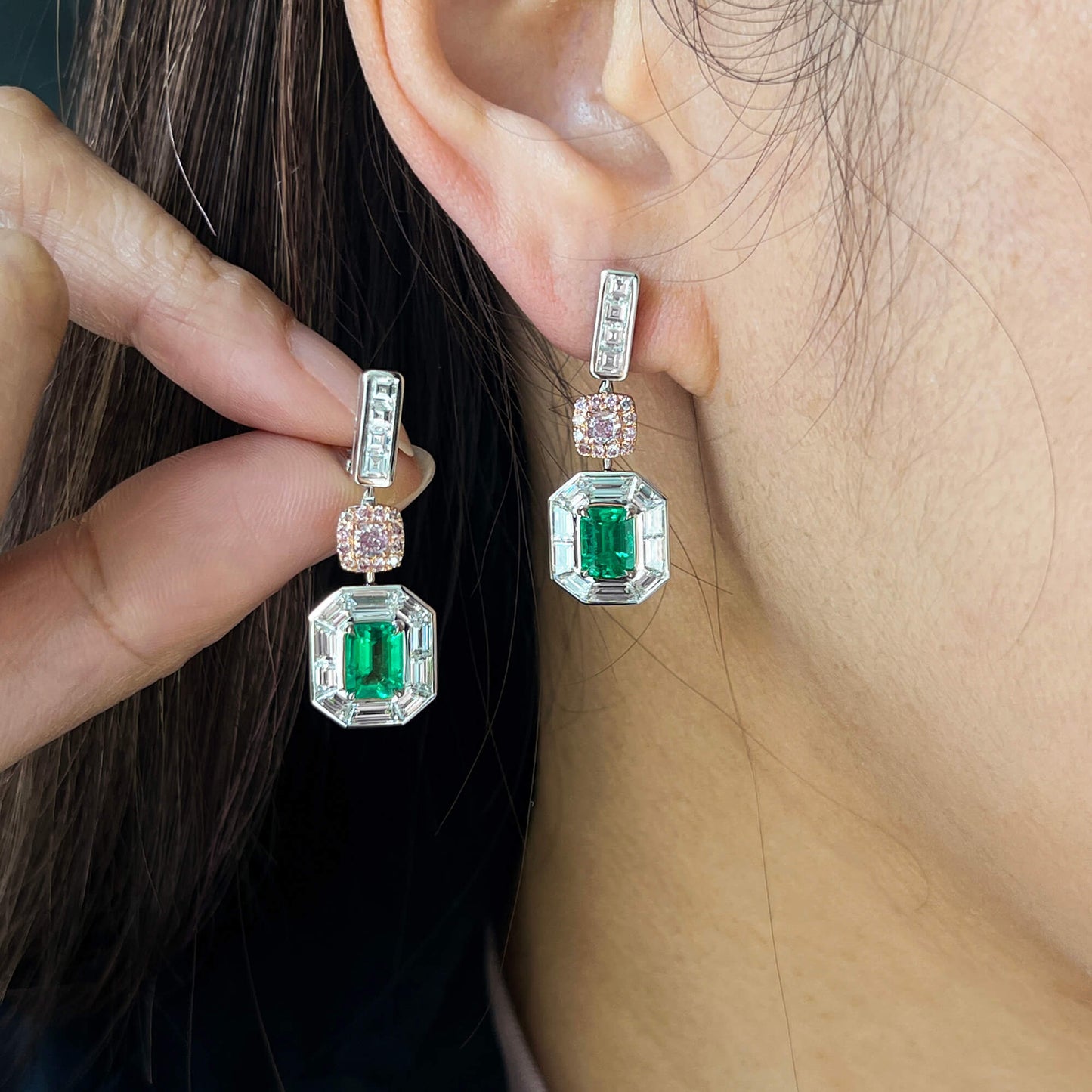Natural Green Colombian Emerald Drop Earrings, 18K White Gold, Emerald Shape, 5.04 Ct. TW