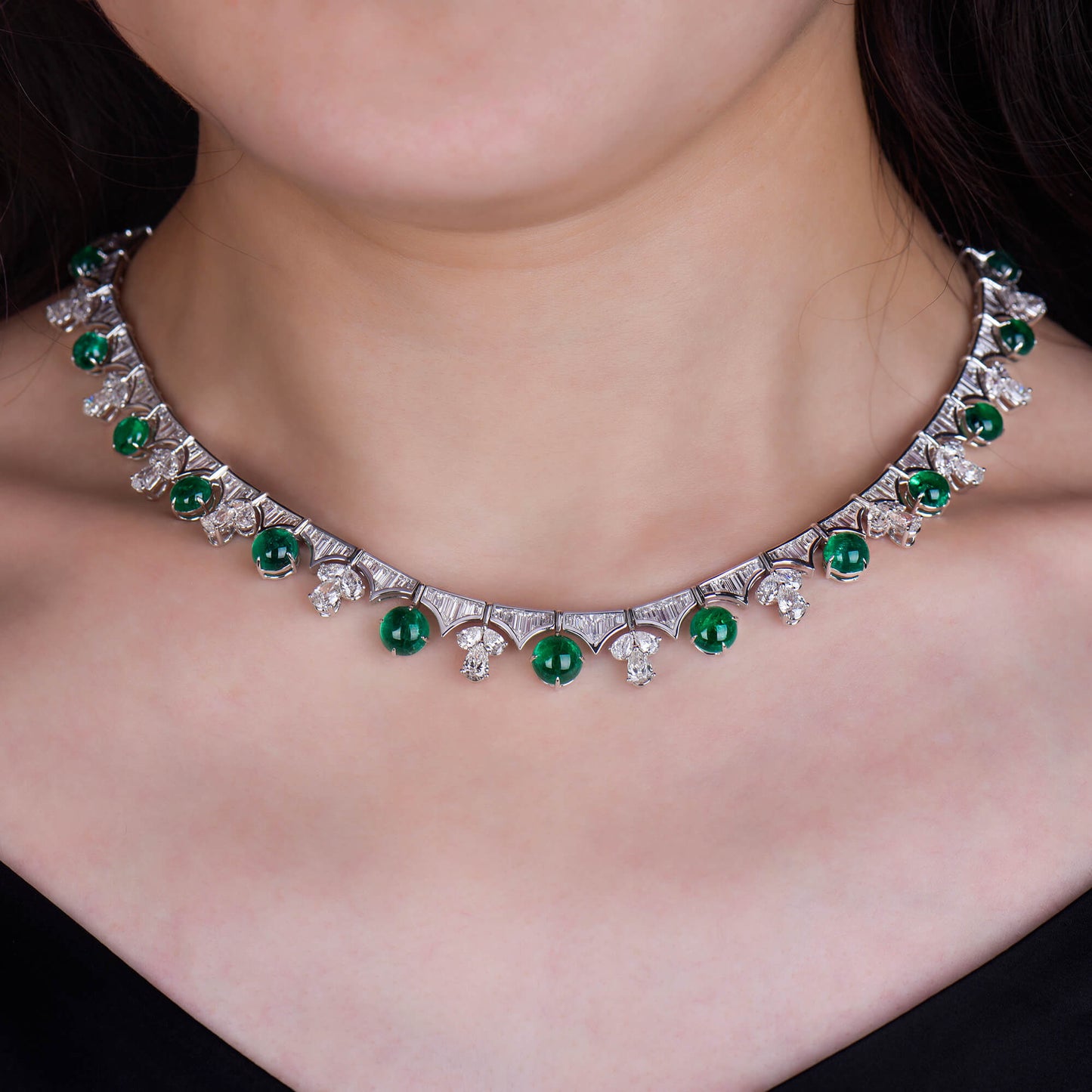 Natural Diamond & Green Colombian Emerald Chain Necklace, 18K White Gold, Round Shape, 37.43 Ct. TW