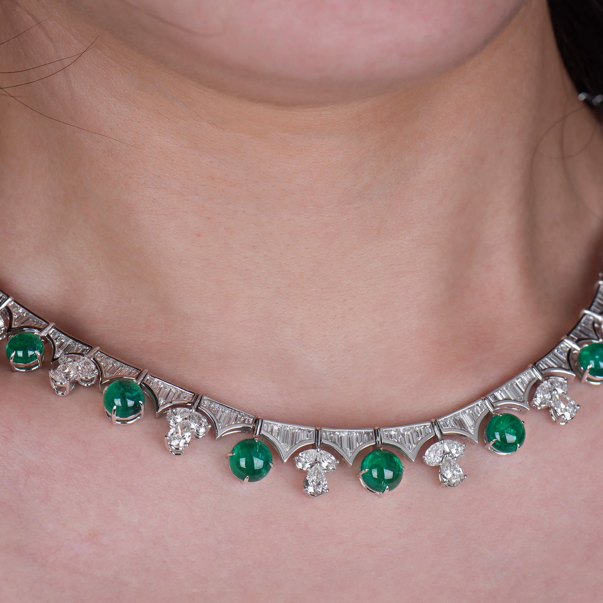 Natural Diamond & Green Colombian Emerald Chain Necklace, 18K White Gold, Round Shape, 37.43 Ct. TW