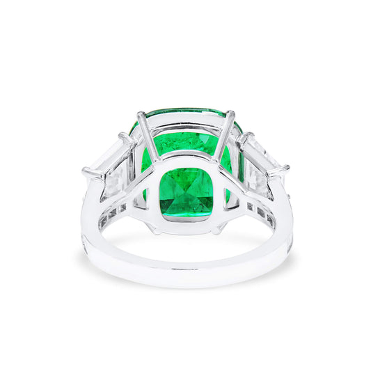 Natural Green Colombian Emerald Three Stone Ring, 18K White Gold, Cushion Shape, 9.15 Ct. TW