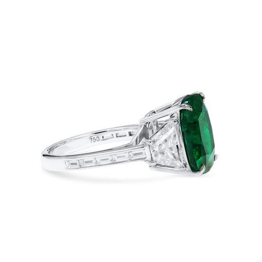 Natural Green Colombian Emerald Three Stone Ring, 18K White Gold, Cushion Shape, 9.15 Ct. TW