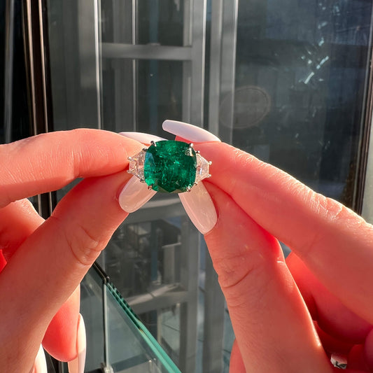 Natural Green Colombian Emerald Three Stone Ring, 18K White Gold, Cushion Shape, 9.15 Ct. TW