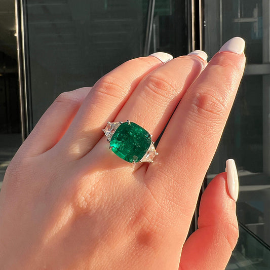 Natural Green Colombian Emerald Three Stone Ring, 18K White Gold, Cushion Shape, 9.15 Ct. TW