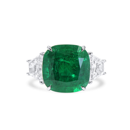 Natural Green Colombian Emerald Three Stone Ring, 18K White Gold, Cushion Shape, 9.15 Ct. TW