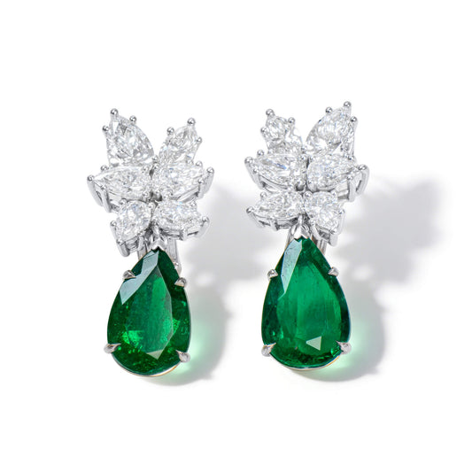 Natural Green Colombian Emerald & Diamond Drop Earrings, 18K White Gold, Pear Shape, 7.27 Ct. TW