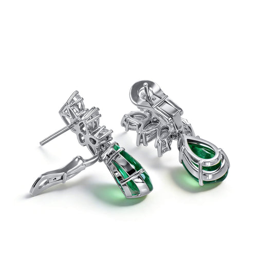 Natural Green Colombian Emerald & Diamond Drop Earrings, 18K White Gold, Pear Shape, 7.27 Ct. TW