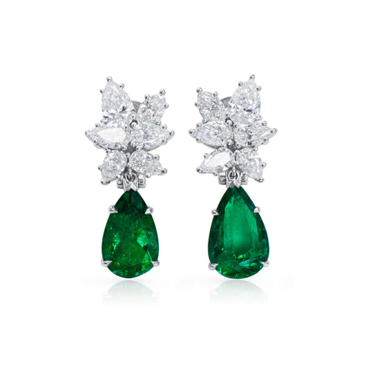 Natural Green Colombian Emerald & Diamond Drop Earrings, 18K White Gold, Pear Shape, 7.27 Ct. TW