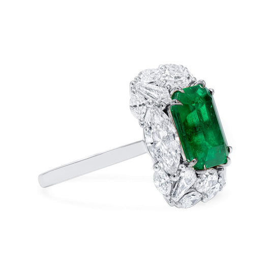 Natural Colombian Emerald & Diamond Halo Ring, 18K White Gold, Emerald Shape, 8.32 Ct. TW