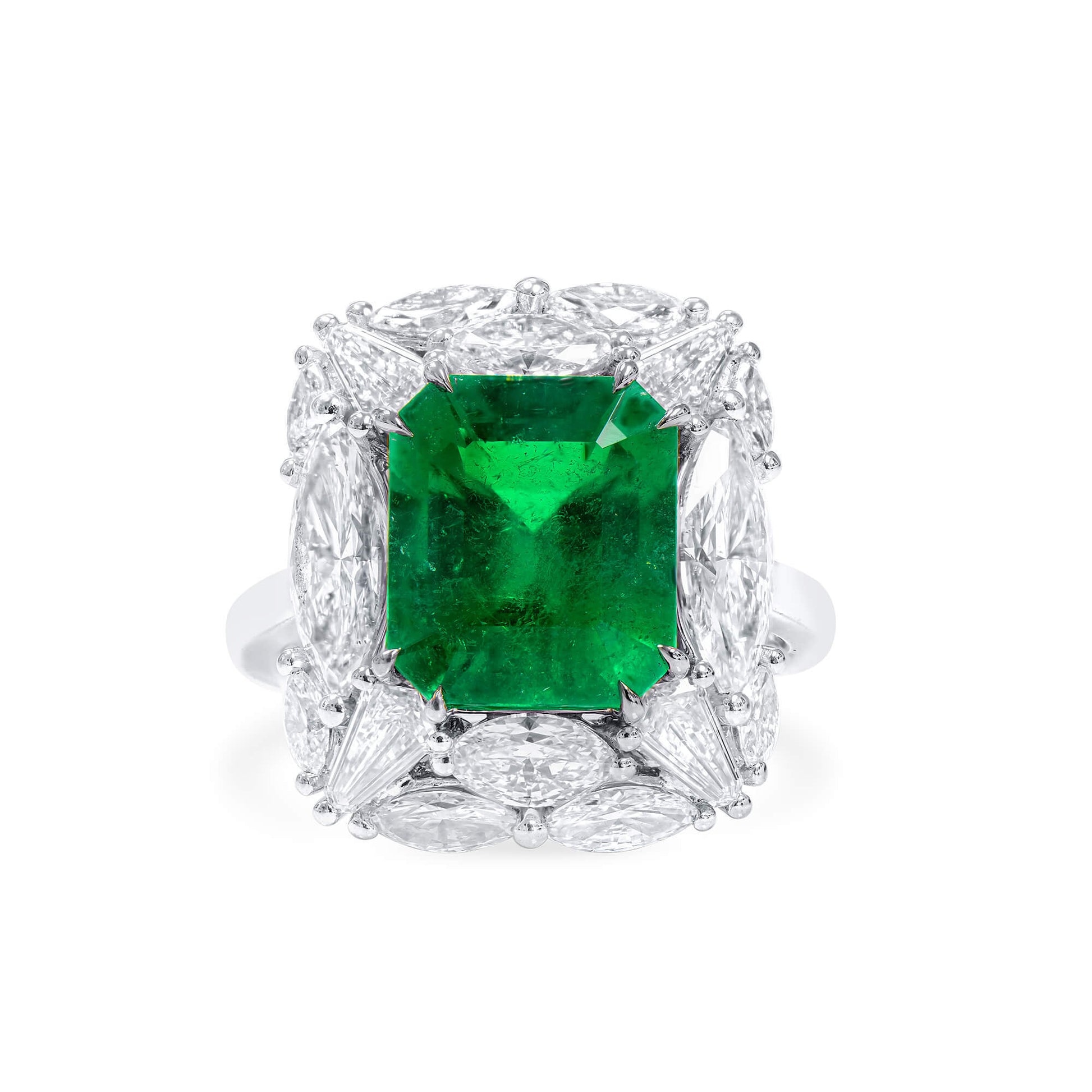 Natural Colombian Emerald & Diamond Halo Ring, 18K White Gold, Emerald Shape, 8.32 Ct. TW