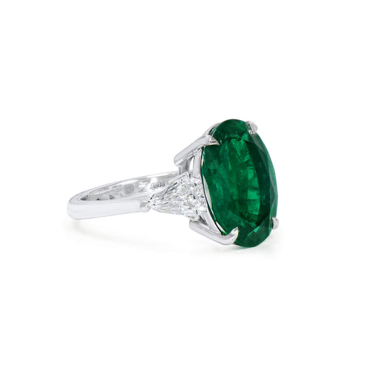 Natural Green Colombian Emerald & Diamond Three Stone Ring, 18K White Gold, Oval Shape, 9.96 Ct. TW