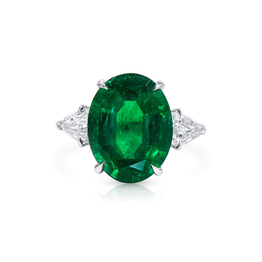 Natural Green Colombian Emerald & Diamond Three Stone Ring, 18K White Gold, Oval Shape, 9.96 Ct. TW