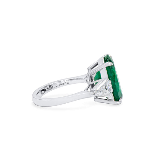 Natural Green Colombian Emerald & Diamond Three Stone Ring, 18K White Gold, Oval Shape, 9.96 Ct. TW