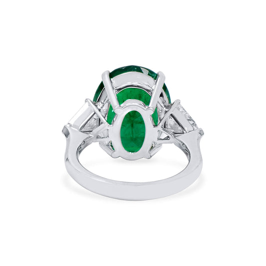 Natural Green Colombian Emerald & Diamond Three Stone Ring, 18K White Gold, Oval Shape, 9.96 Ct. TW
