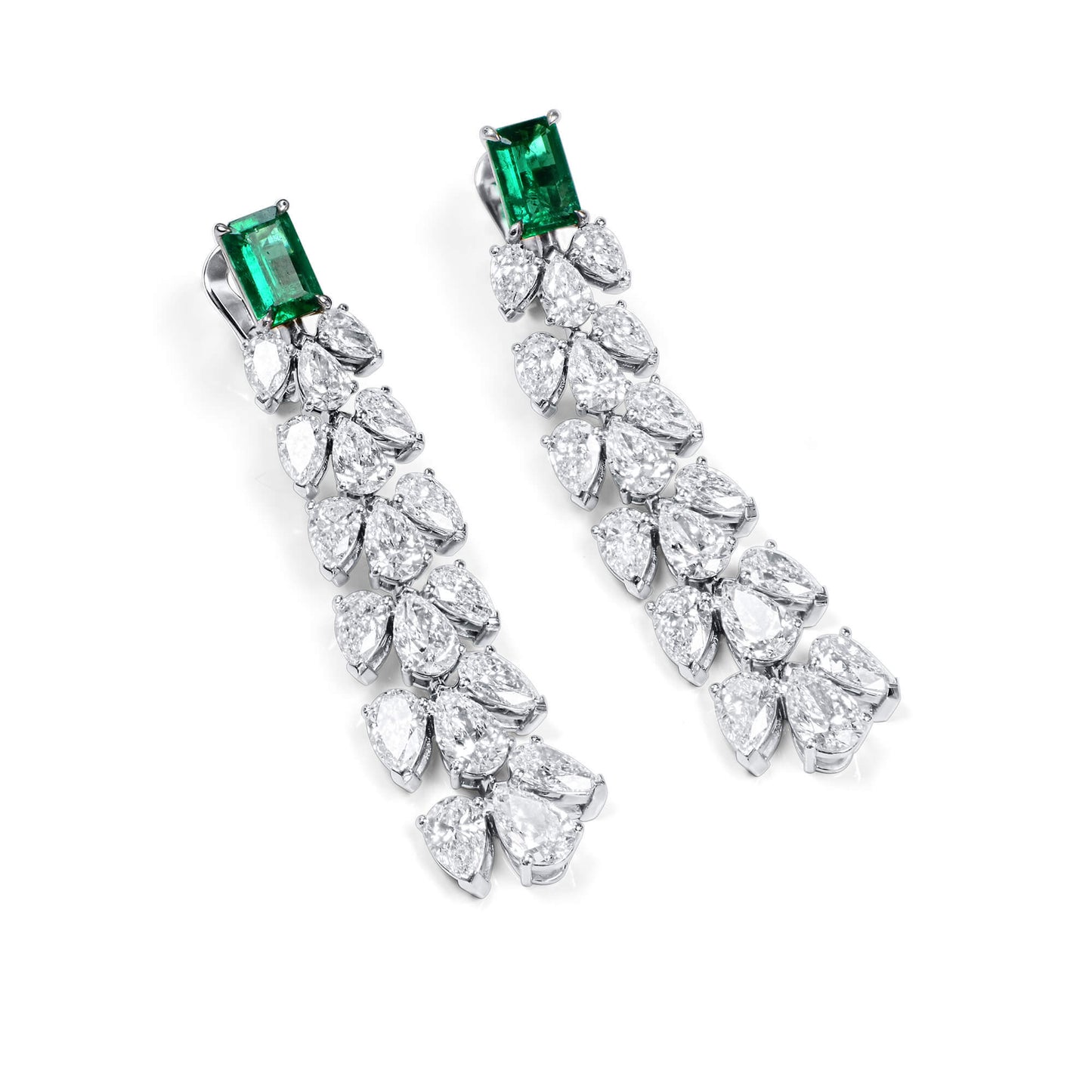 Natural Emerald And Diamond Earrings, 18K White Gold, 11.55 Ct. TW