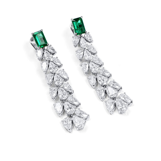 Natural Emerald And Diamond Earrings, 18K White Gold, 11.55 Ct. TW