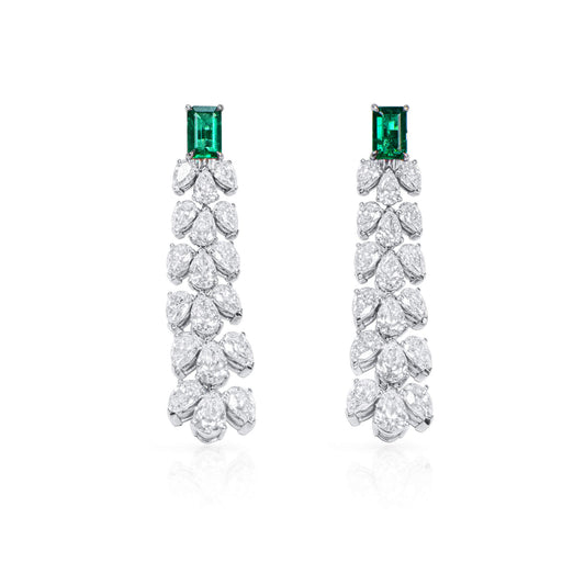 Natural Emerald And Diamond Earrings, 18K White Gold, 11.55 Ct. TW