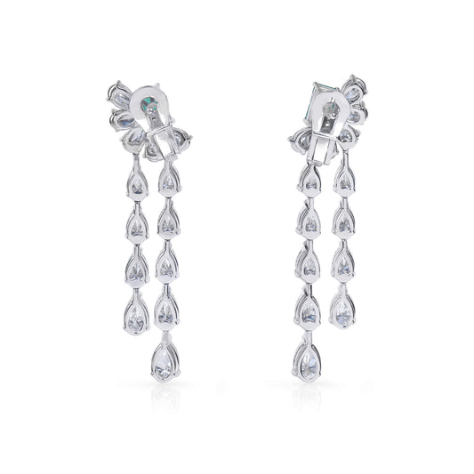 Natural Green Emerald & Diamond Drop Earrings, 18K White Gold, Emerald Shape, 7.69 Ct. TW
