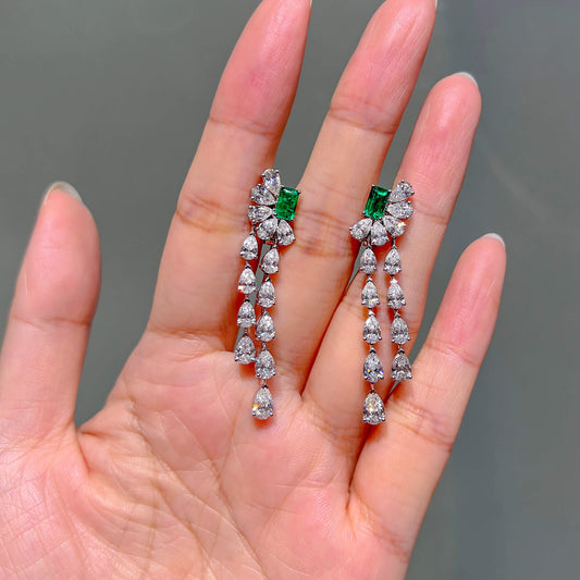 Natural Green Emerald & Diamond Drop Earrings, 18K White Gold, Emerald Shape, 7.69 Ct. TW