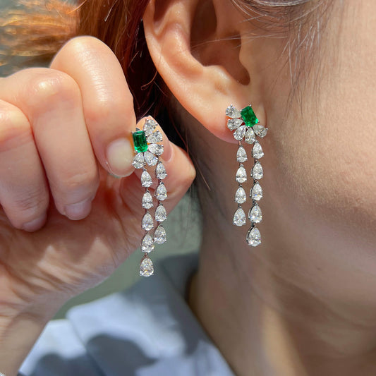 Natural Green Emerald & Diamond Drop Earrings, 18K White Gold, Emerald Shape, 7.69 Ct. TW