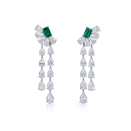 Natural Green Emerald & Diamond Drop Earrings, 18K White Gold, Emerald Shape, 7.69 Ct. TW
