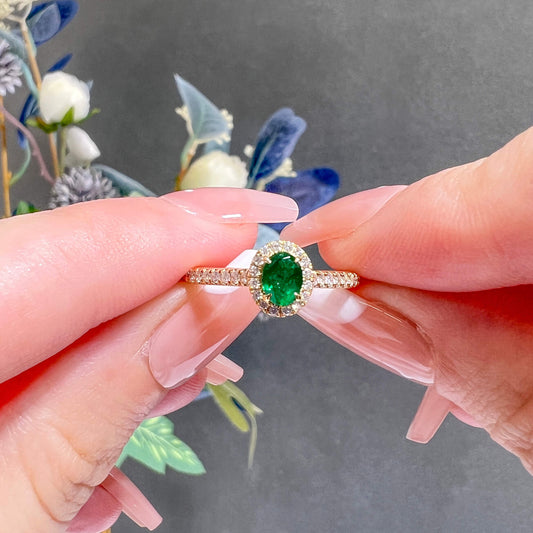 Natural Green Emerald Halo Ring, 18K Yellow Gold, Oval Shape, 0.56 Ct. TW