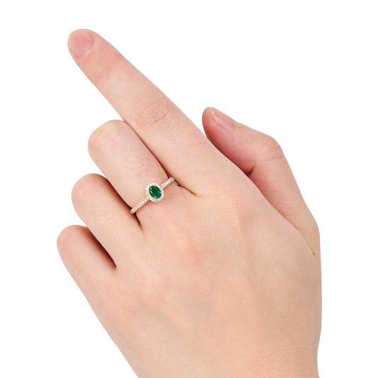 Natural Green Emerald Halo Ring, 18K Yellow Gold, Oval Shape, 0.56 Ct. TW