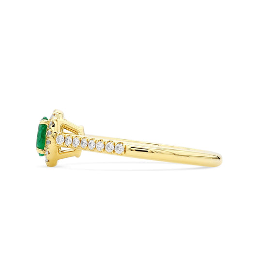 Natural Green Emerald Halo Ring, 18K Yellow Gold, Oval Shape, 0.56 Ct. TW