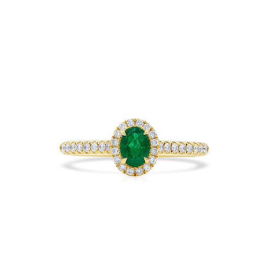 Natural Green Emerald Halo Ring, 18K Yellow Gold, Oval Shape, 0.56 Ct. TW