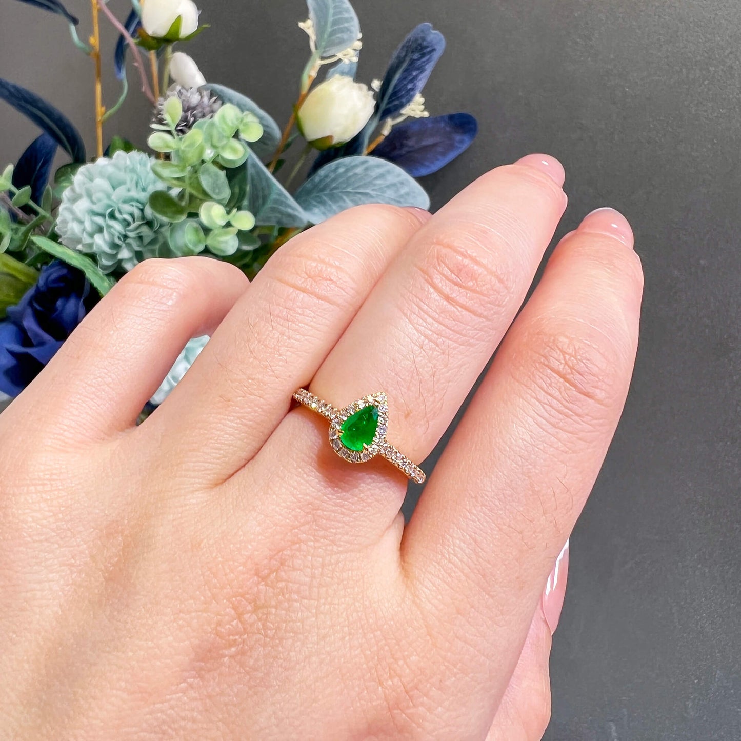 Natural Green Emerald Halo Ring, 18K Yellow Gold, Pear Shape, 0.57 Ct. TW