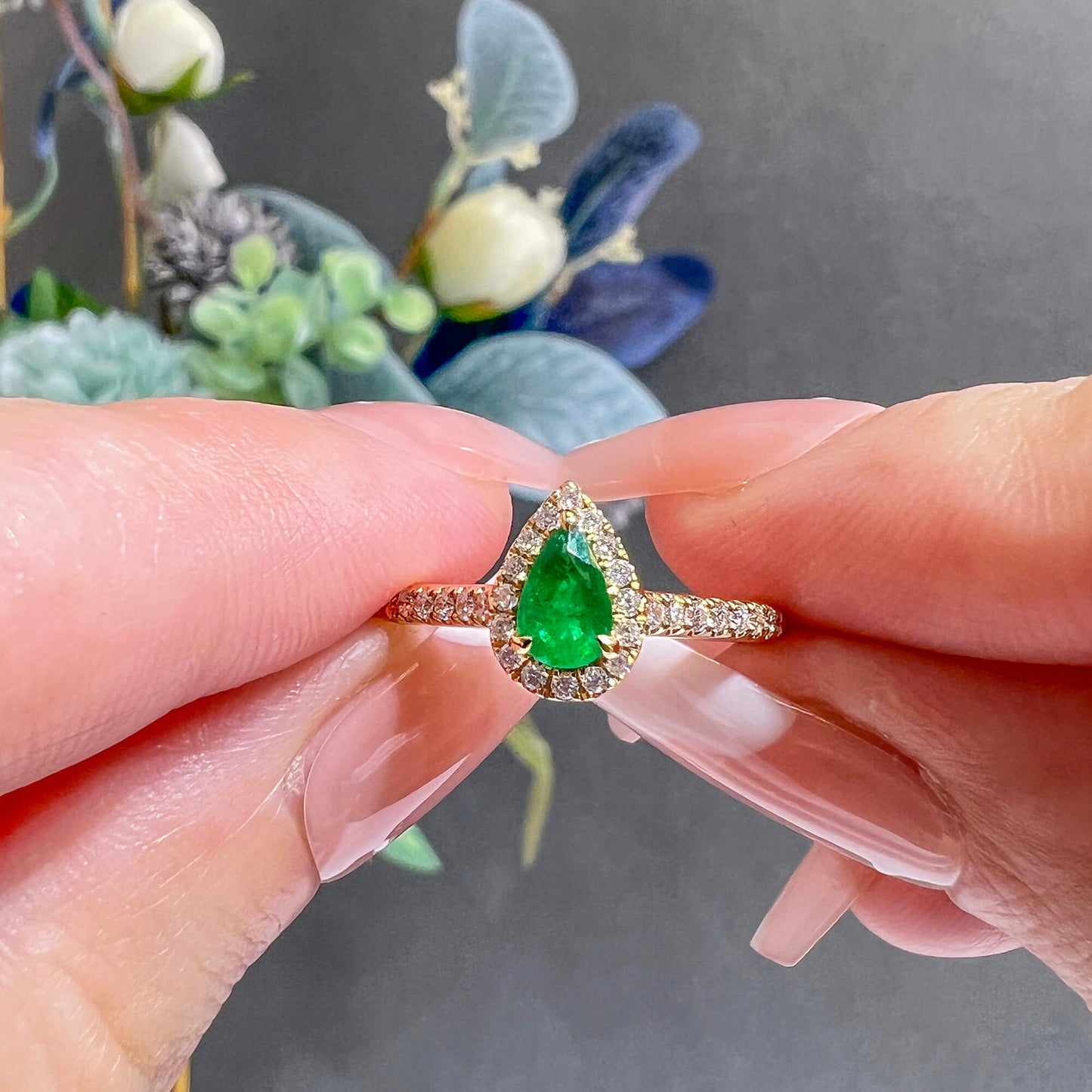 Natural Green Emerald Halo Ring, 18K Yellow Gold, Pear Shape, 0.57 Ct. TW