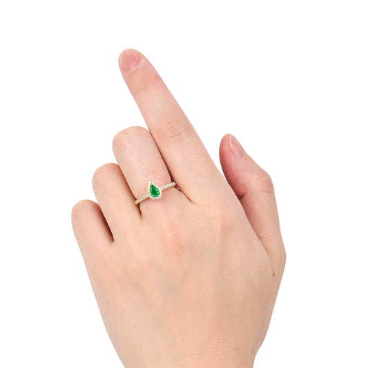 Natural Green Emerald Halo Ring, 18K Yellow Gold, Pear Shape, 0.57 Ct. TW