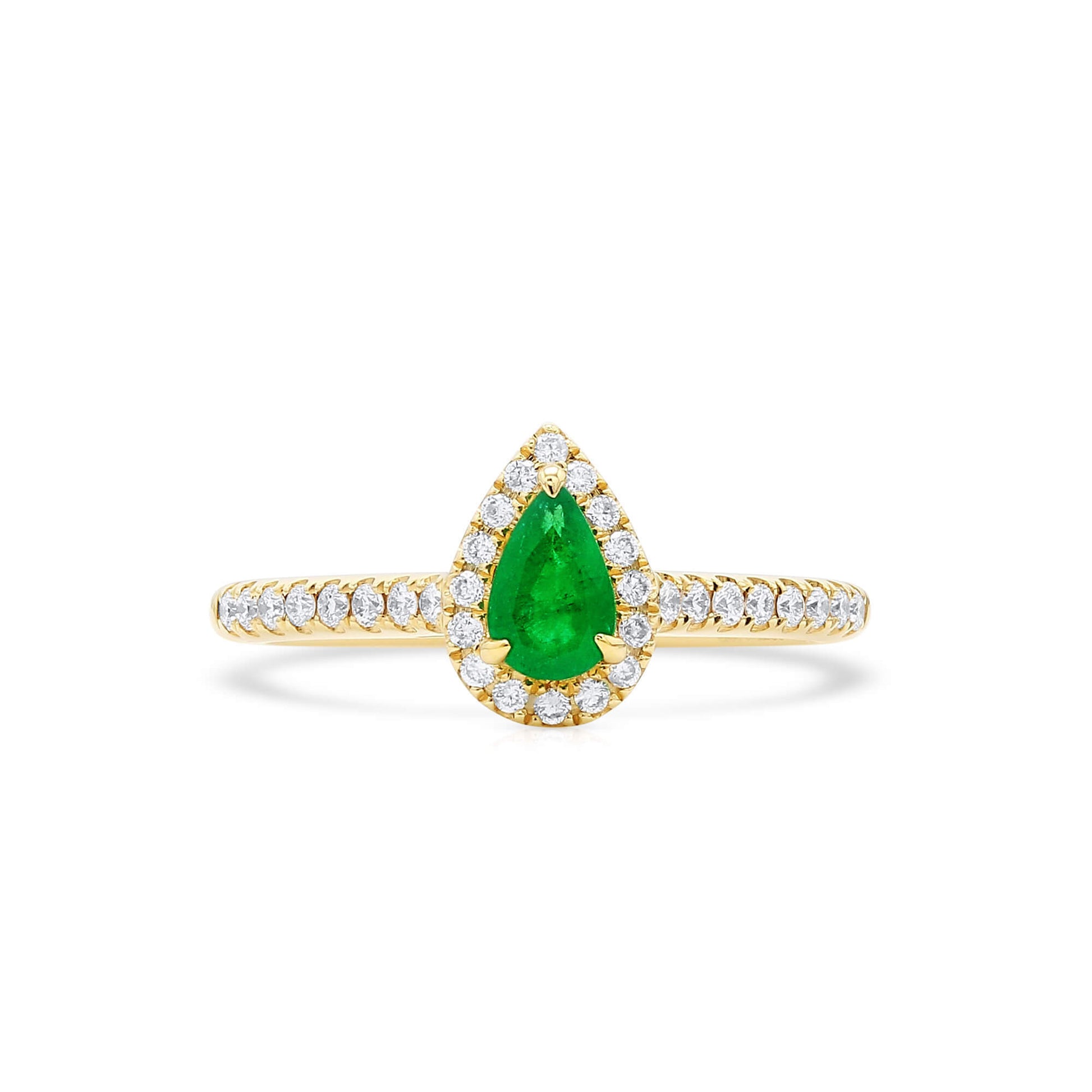 Natural Green Emerald Halo Ring, 18K Yellow Gold, Pear Shape, 0.57 Ct. TW