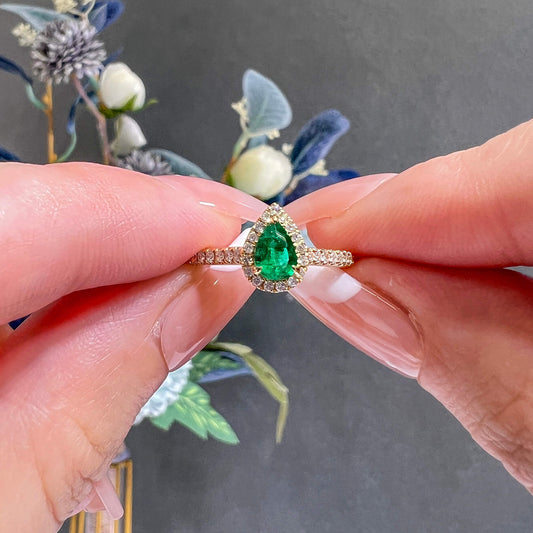 Natural Green Emerald Halo Ring, 18K Yellow Gold, Pear Shape, 0.63 Ct. TW
