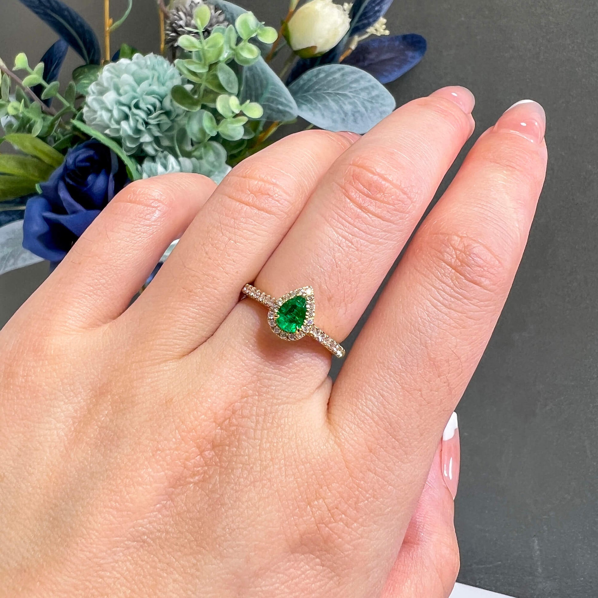 Natural Green Emerald Halo Ring, 18K Yellow Gold, Pear Shape, 0.63 Ct. TW