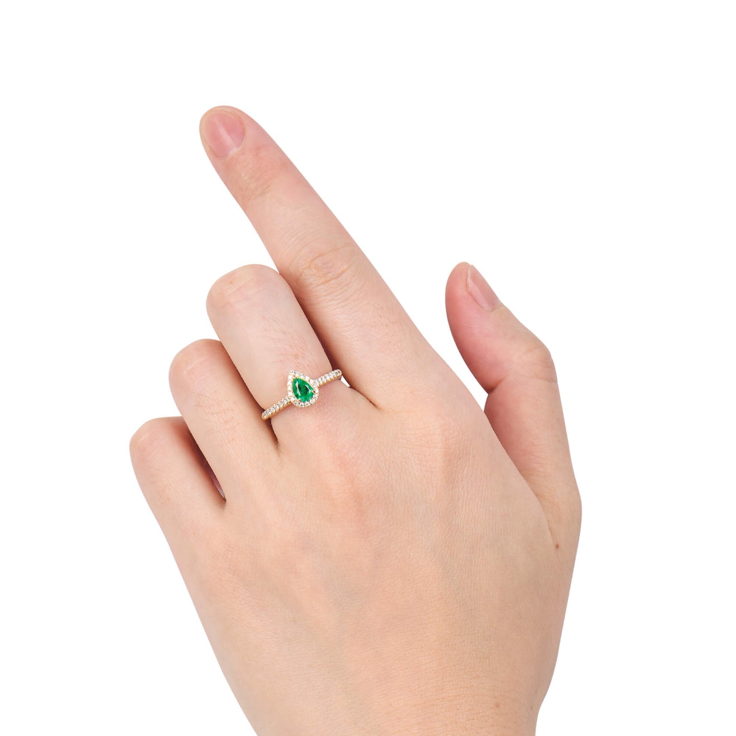 Natural Green Emerald Halo Ring, 18K Yellow Gold, Pear Shape, 0.63 Ct. TW
