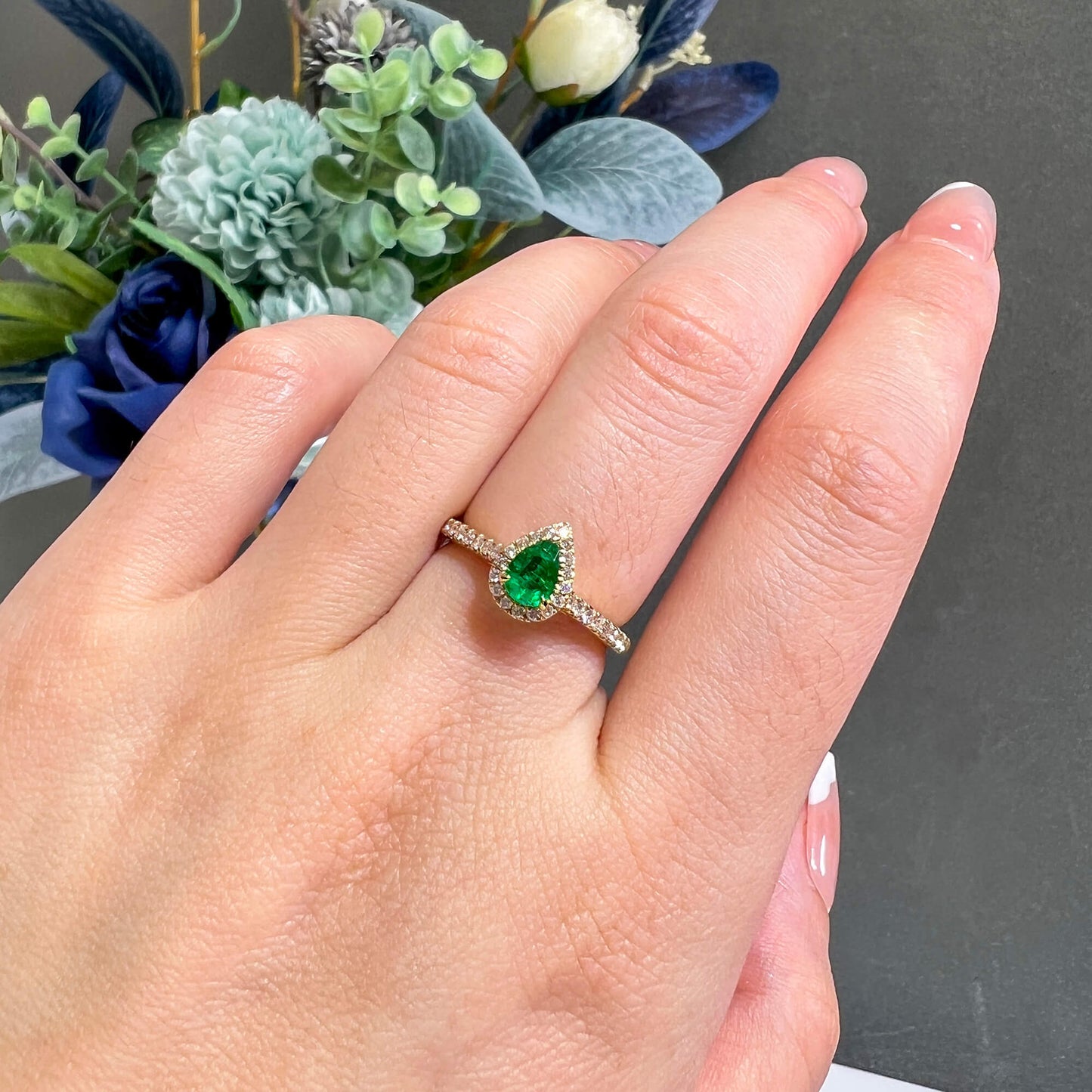 Natural Green Emerald Halo Ring, 18K Yellow Gold, Pear Shape, 0.63 Ct. TW