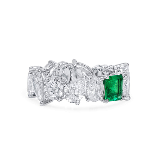 Natural Green Emerald & Diamond Eternity Ring, 18K White Gold, Radiant Shape, 8.66 Ct. TW