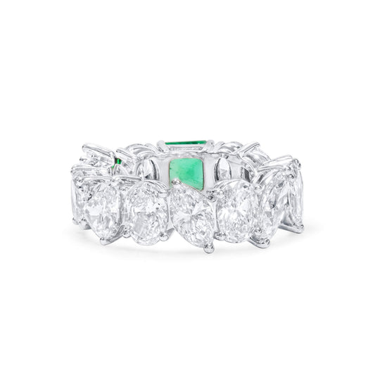 Natural Green Emerald & Diamond Eternity Ring, 18K White Gold, Radiant Shape, 8.66 Ct. TW