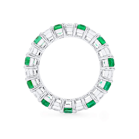 Natural Diamond and Green Colombian Emerald Eternity Ring, 18K White Gold, Emerald Shape, 5.98 Ct. TW