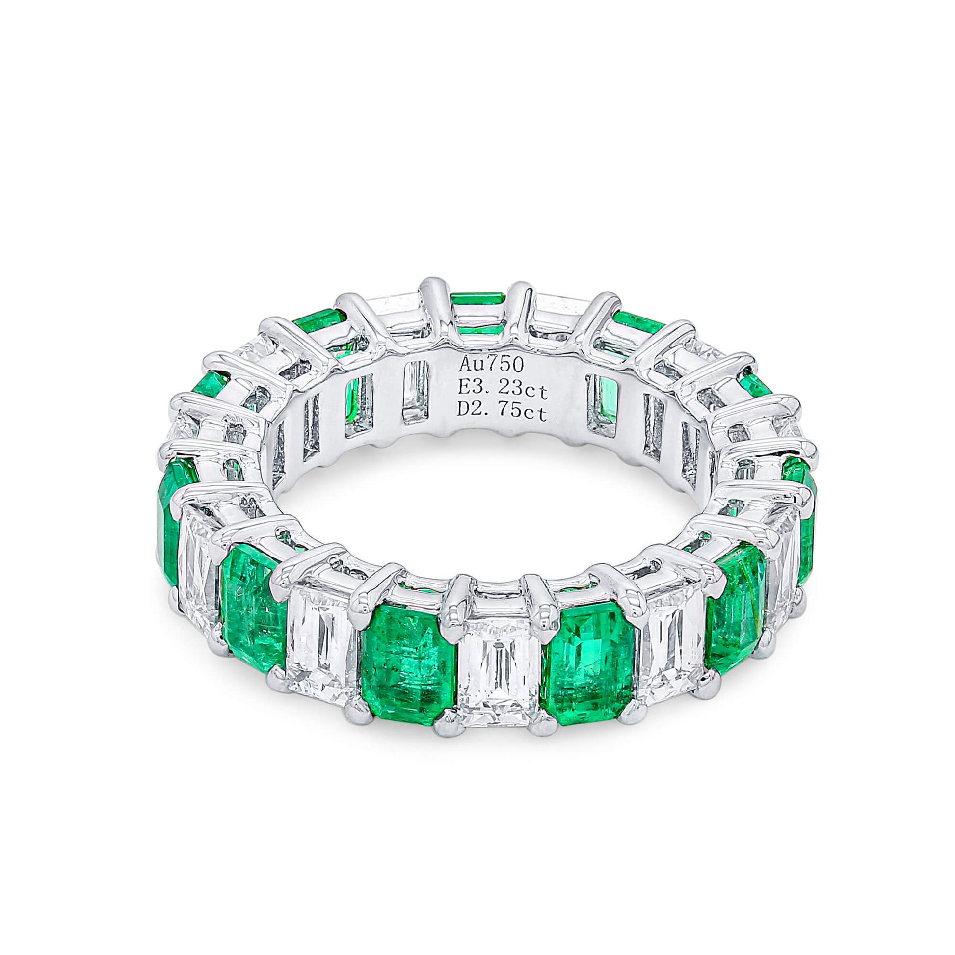 Natural Diamond and Green Colombian Emerald Eternity Ring, 18K White Gold, Emerald Shape, 5.98 Ct. TW
