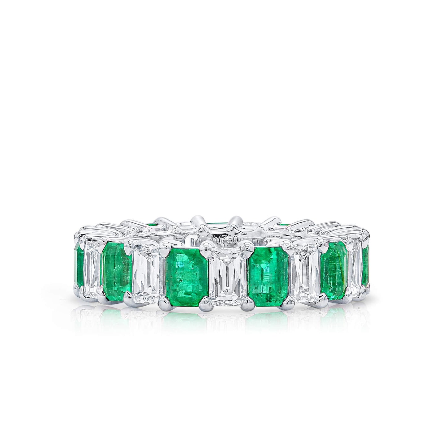 Natural Diamond and Green Colombian Emerald Eternity Ring, 18K White Gold, Emerald Shape, 5.98 Ct. TW