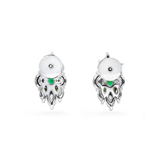 Natural Green Emerald & Diamond Cluster Earrings, 18K White Gold, Oval Shape, 3.09 Ct. TW